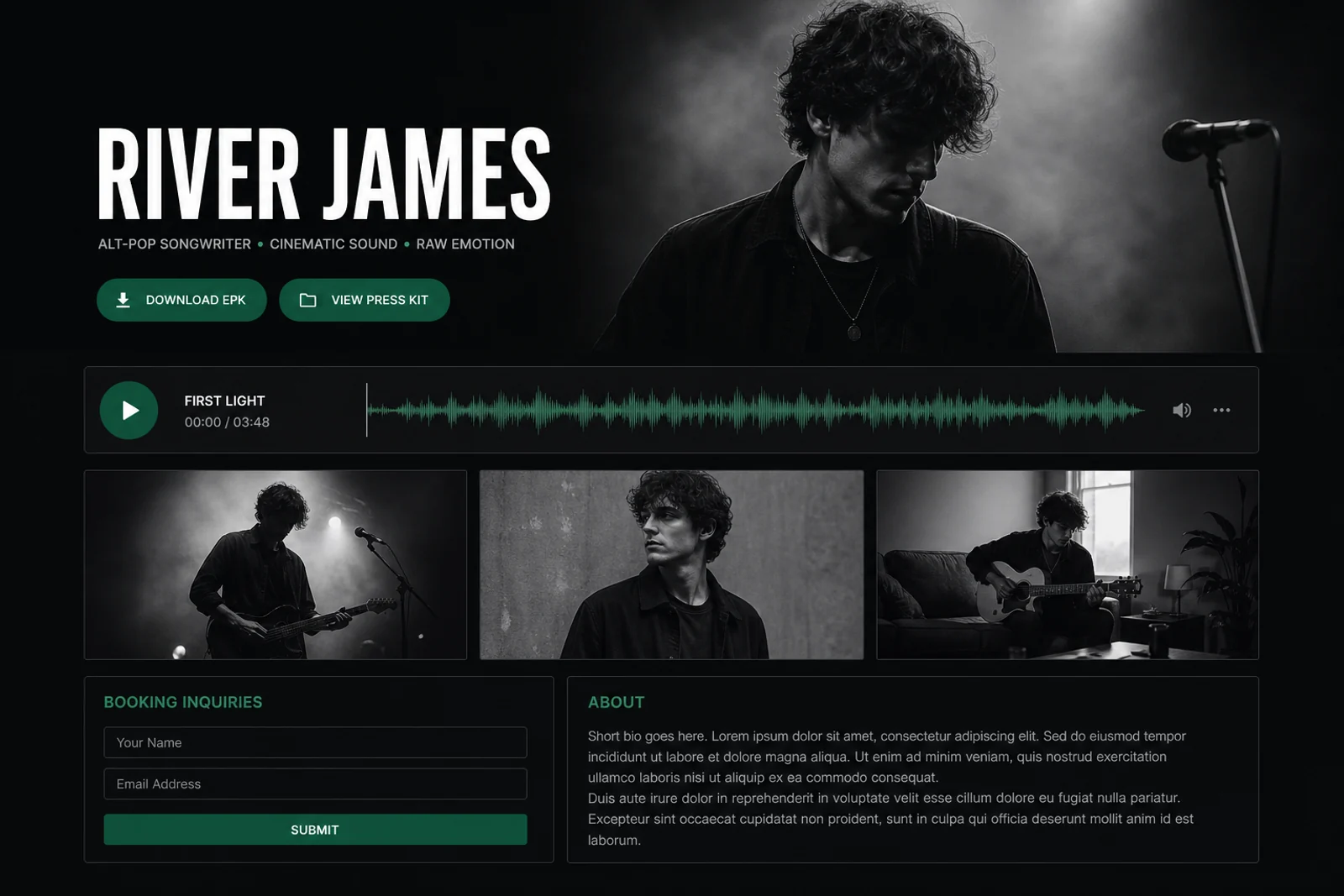 EPKits press kit template with artist header, audio player, press photos, and booking form